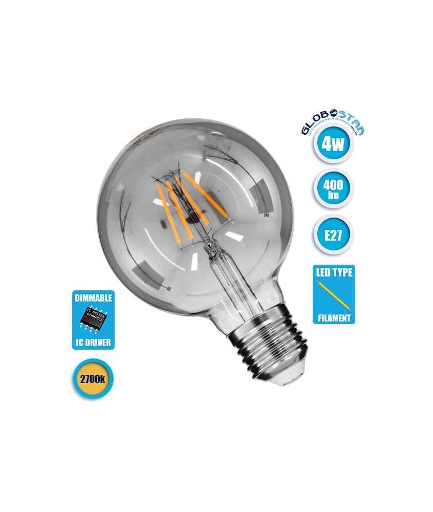 GLOBOSTAR® BUBBLE 99069 Λάμπα E27 G95 LED 4W 400lm 360° AC 220-240V IP20 Θερμό Λευκό 2700K Dimmable - Filament Chip - Μαύρο Φιμέ - Μ9.5 x Π9.5 x Υ13.8cm - 3 Χρόνια Εγγύηση